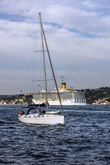 Yacht and vessel in Bosporus, Istanbul, Turkey.