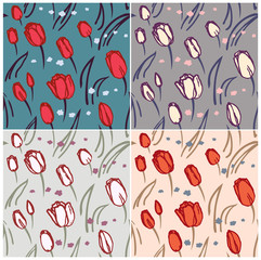 Seamless pattern of tulips with color scheme variations.