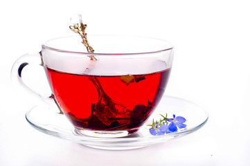 Cup of tea with teabag over white