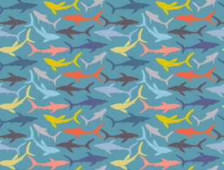 Seamless pattern of hand-drawn sharks silhouettes
