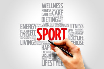 SPORT word cloud, health cross concept