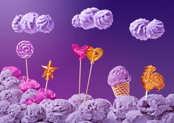 sweet landscape of ice cream and candy on the background of the