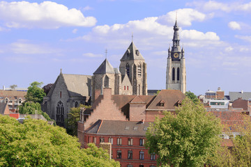 Fototapeta na wymiar aerial view of church the city of Kortrijk in Flanders, Belgium