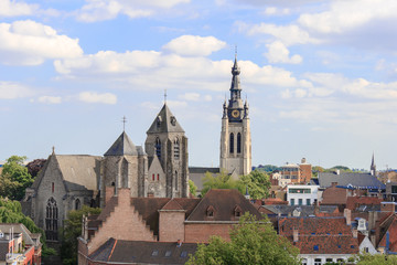 aerial view of  church the city of Kortrijk in Flanders, Belgium - 84263452