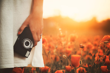 Vintage camera in woman hand on poppy field