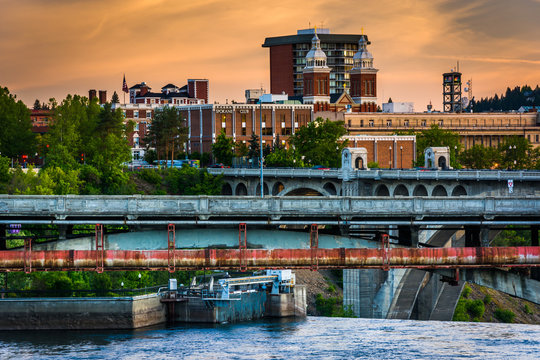 Bridges Over The Spokane River And Buildings At Sunset, In Spoka