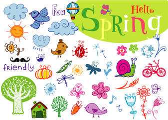 Hello Spring doodle hand-drawn set