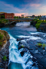Spokane Falls and view of buildings in Spokane, Washington.
