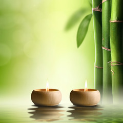 Fototapeta na wymiar Zen concept. Two candles in green bamboo forest