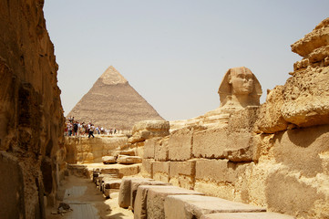 The Sphinx and Pyramids in Egypt, tourist view.