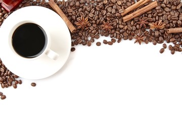 Coffee cup with beans at the top on white