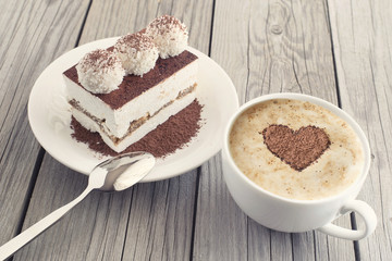 Coffee and cake as a morning meal. Tasty food background