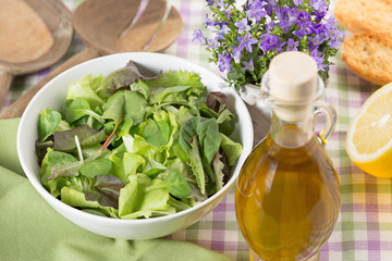 Obraz na płótnie Canvas bowl of green salad, olive oil and lemon