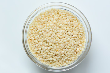 Sesame seeds in the glass bowl
