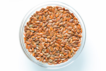 Flax seeds in the glass bowl
