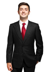Male manager on white background