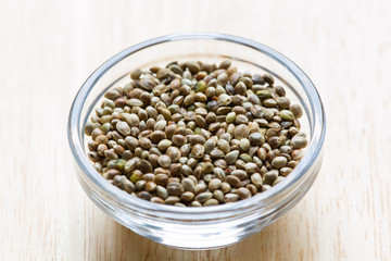 Hemp seeds in the glass bowl