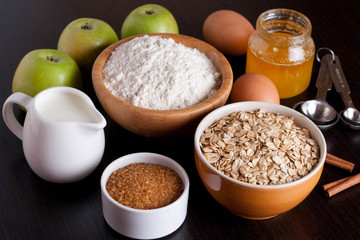 ingredients and spices for baking apple pie, close-up