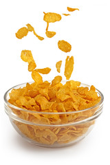 cornflakes falling into a glass bowl on white background