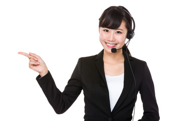 Telemarketing concept, businesswoman with headset and finger poi