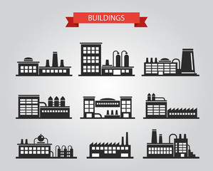 Set of flat design industrial buildings pictograms