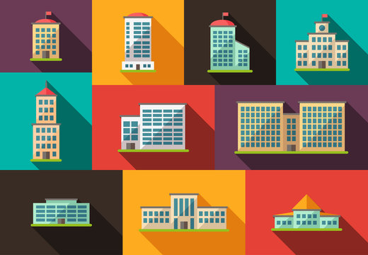 Set of flat design buildings icons