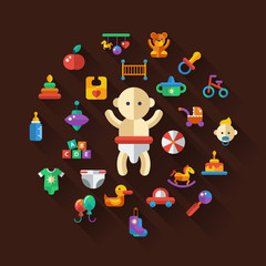Set of flat design cute baby icons