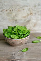 fresh spinach in a bowl on a light wooden surface
