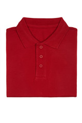 Neatly folded red polo shirt isolated on white background