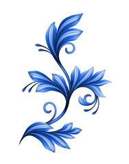 abstract folk art illustration, floral design element, blue white gzhel ornament isolated on white