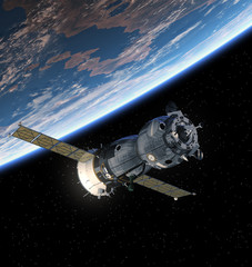 Obraz na płótnie Canvas Spacecraft Orbiting Earth. 3D Scene. 