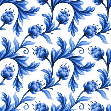 abstract floral seamless pattern, background with folk art flowers, blue white gzhel ornament