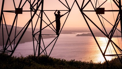 Lake view from the power lines at sunset