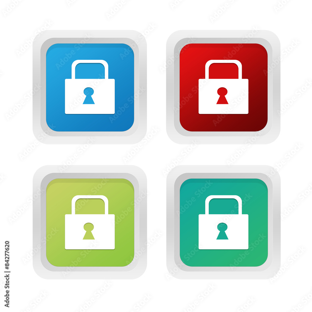 Poster set of squared colorful buttons with lock symbol