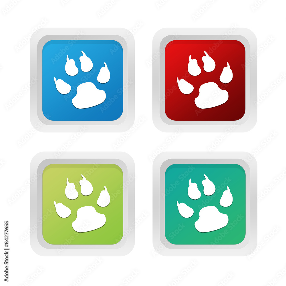 Poster set of squared colorful buttons with pet footprints symbol