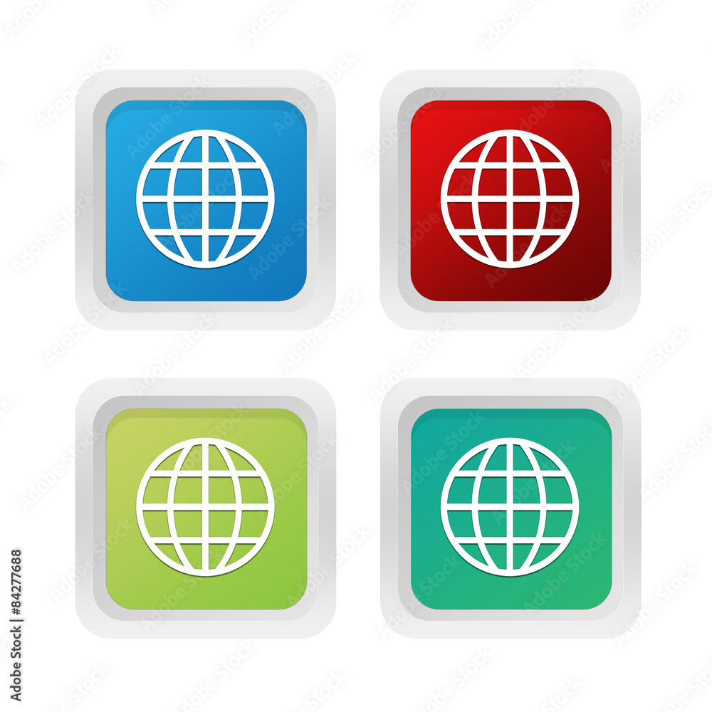 Poster set of squared colorful buttons with world symbol