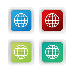 Set of squared colorful buttons with world symbol