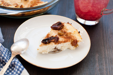 Piece of cottage cheese casserole with raisins