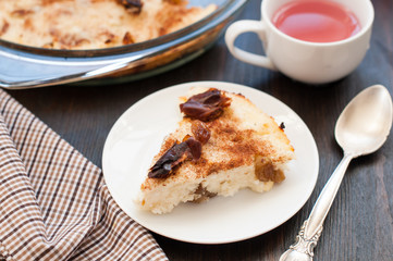 Piece of cottage cheese casserole with raisins