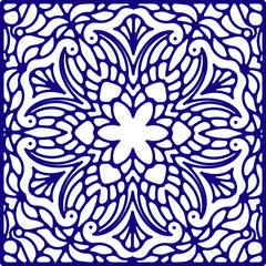 Abstract vector square lace design in blue color - background, d