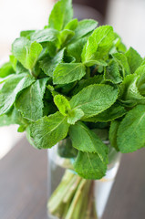 fresh mint leaves on a wooden background