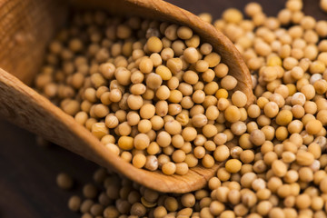 Spicy mustard seeds in a wooden background