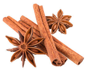 cinnamon stick and star anise spice isolated on white background