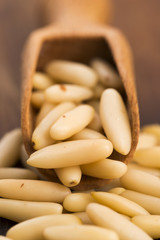 Dry Organic Pine Nuts on Wooden Background