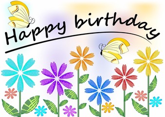 Happy birthday poster with colorful flowers and butterflies, soft pastel colors