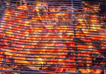 Empty Flaming Charcoal Grill With Flames Of Fire