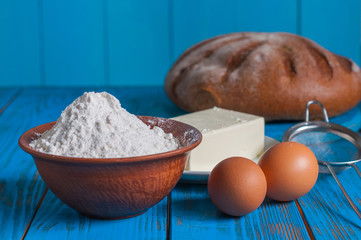 Baking bread in rural kitchen - dough recipe ingredients eggs