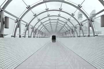 Papier Peint photo Tunnel symmetric vanishing corridor with bent wall