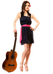 Music lover, summer girl with guitar isolated