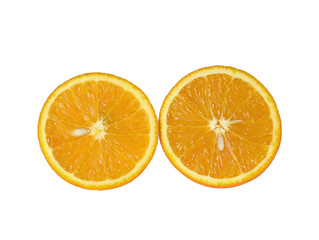 Two orange fruit segments or cantles isolated on white backgroun